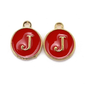 Golden Plated Alloy Enamel Charms, Cadmium Free & Lead Free, Enamelled Sequins, Flat Round, Red, Letter.J, 14x12x2mm, Hole: 1.5mm