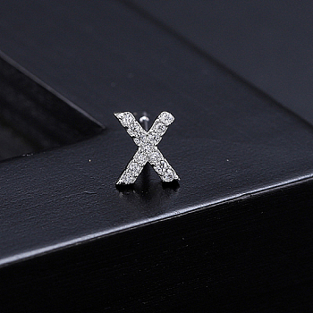 Platinum Brass Micro Pave Cubic Zirconia Stud Earrings, Initial Letter, Letter X, No Size