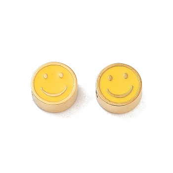 Ion Plating(IP) 304 Stainless Steel Enamel Beads, Flat Round with Smiling Face, Golden, Gold, 5x2.5mm, Hole: 1.2mm