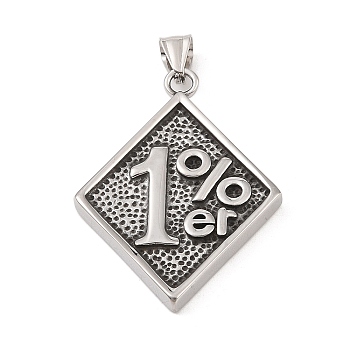 304 Stainless Steel Big Pendants, Rhombus with 1%er Charm, Antique Silver, 52.5x38x4mm, Hole: 4x7mm