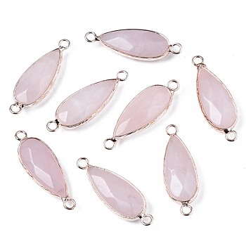 Natural Rose Quartz Link Connectors, with Rose Gold Plated Brass Edge and Loop, Teardrop, 33~34x11x6mm, Hole: 2.5mm