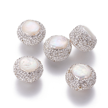 Natural Cultured Freshwater Pearl Beads, with Polymer Clay Rhinestone, Flat Round, White, 20~21x13~16mm, Hole: 1.4mm