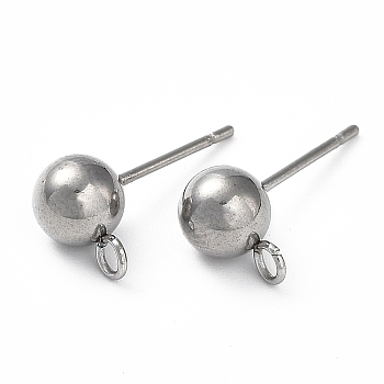 304 Stainless Steel Ball Post Stud Earring Findings, with Loop and 316 Surgical Stainless Steel Pin, Stainless Steel Color, 15x7x4mm, Hole: 1.8mm, Pin: 0.7mm