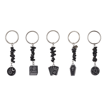 Book/Coffin/Pentagram Alloy Enamel Pendant Keychains, Natural Obsidian Chip Beaded Keychains, with Iron Keychain Ring, Platinum, 8.15~8.55cm