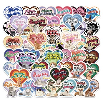 49Pcs Cat and Dog PVC Self Adhesive Stickers Set, Waterproof Heart Shaped Decals for Water Bottles, Laptop, Luggage, Cup, Computer, Mobile Phone, Skateboard, Guitar, Mixed Color, 49~53x52~55x0.1mm