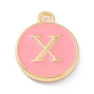 Golden Plated Alloy Enamel Charms, Enamelled Sequins, Flat Round with Alphabet, Letter.X, Pink, 14x12x2mm, Hole: 1.5mm(ENAM-Q437-14X)