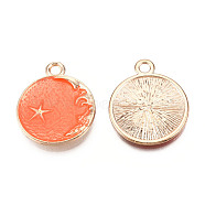 Alloy Enamel Pendants, Cadmium Free & Lead Free, Flat Round with Moon and Star, Golden, Coral, 27x23x2mm, Hole: 3mm(X-ENAM-Q428-08)