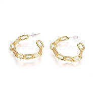 Semicircular Brass Textured Cable Chain Stud Earrings, Half Hoop Earrings, with 925 Sterling Silver Pins and Plastic Ear Nuts, Long-Lasting Plated, Golden, 30.5x5.5mm, Pin: 0.7mm(EJEW-E196-13G)