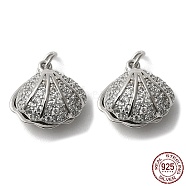 Rhodium Plated 925 Sterling Silver Charms, with Cubic Zirconia & Jump Ring & S925 Stamp, Shell Charm, for Half Drilled Beads, Real Platinum Plated, 10.5x10.5x5.5mm, Hole: 2mm(STER-M114-01P)
