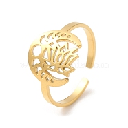 304 Stainless Steel Open Cuff Ring, Hollow Moon Phase & Lotus Flower, Golden, US Size 8 1/4(18.3mm)(RJEW-K251-01G)