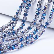 Electroplate Transparent Glass Beads Strands, Half Plated, Faceted, Rondelle, Blue Plated, 6x5mm, Hole: 1mm, about 85~88pcs/strand, 16.1~16.5 inch(41~42cm)(EGLA-A034-T6mm-Z01)