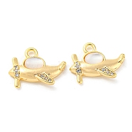 Brass Micro Pave Cubic Zirconia with Shell Pendants, Aeroplane, Real 18K Gold Plated, 13x17x3.5mm, Hole: 2mm(KK-Q809-15G)