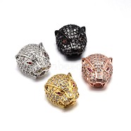 Brass Micro Pave Cubic Zirconia Leopard Head Beads, Lead Free & Cadmium Free & Nickel Free, Clear, Mixed Color, 14x13x9mm, Hole: 3mm & 7x4mm(ZIRC-M069-15-NR)