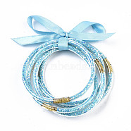 PVC Plastic Buddhist Bangle Sets, Jelly Bangles, with Paillette/Sequins and Polyester Ribbon, Deep Sky Blue, 2-1/2 inch(6.5cm), 5pcs/set(BJEW-T008-18A)