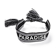 Word Paradise Polycotton(Polyester Cotton) Braided Bracelet with Tassel Charm, Flat Adjustable Wide Wristband for Couple, Black, Inner Diameter: 2~3-1/8 inch(5~8cm)(BJEW-F429-09)