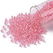TOHO Round Seed Beads, Japanese Seed Beads, (191B) Opaque Hot Pink-Lined Rainbow Clear, 8/0, 3mm, Hole: 1mm, about 222pcs/10g(X-SEED-TR08-0191B)