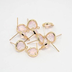 Real 18K Gold Plated Tone Brass Glass Stud Earring Findings, with Loop, Faceted Triangle, Nickel Free, Lavender Blush, 13x11x4.5mm, Hole: 1mm, Pin: 0.6mm(GLAA-J023-06G)