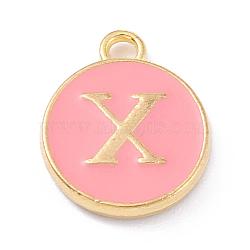 Golden Plated Alloy Enamel Charms, Enamelled Sequins, Flat Round with Alphabet, Letter.X, Pink, 14x12x2mm, Hole: 1.5mm(ENAM-Q437-14X)