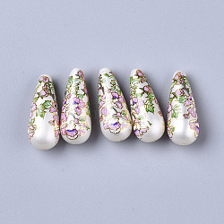 Printed Resin Beads, Imitation Pearl, teardrop, with Flower Pattern, Pink, 32x13mm, Hole: 1.5mm(RESI-T038-006C)