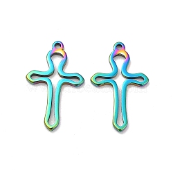 304 Stainless Steel Pendants, Hollow, Cross Charm, Rainbow Color, 17x10.5x1mm, Hole: 1mm(STAS-H214-17RC)