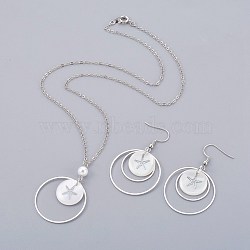 Brass Jewelry Sets, Necklaces and Dangle Earrings, with Shell Beads and Iron Finding, Flat Round with Starfish/Sea Stars, Platinum & Silver, Necklaces: 18.11 inch(46cm), 43x30mm, Earring: 50~52mm, Pin: 0.7mm(SJEW-JS01002-01)
