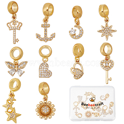 Beebeecraft 10Pcs 10 Style Brass Micro Pave Clear Cubic Zirconia European Dangle Charms, Largr Hole Pendants, Long-Lasting Plated, Mixed Shapes, Real 18K Gold Plated, 20~27mm, Hole: 5mm, 1pc/style(KK-BBC0001-93)