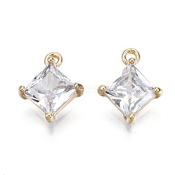 Brass Micro Pave Clear Cubic Zirconia Charms, Nickel Free, Rhombus, Real 18K Gold Plated, 10x8x3mm, Hole: 1mm, Side Length: 6mm(X-KK-T056-65G-NF)
