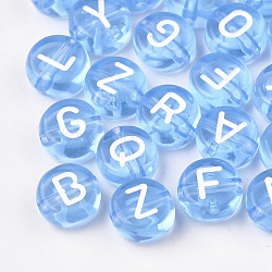 Transparent Acrylic Beads, Horizontal Hole, Mixed Letters, Flat Round, Cornflower Blue, 7x4mm, Hole: 1.5mm, about 370pcs/50g(X-TACR-N002-04C)