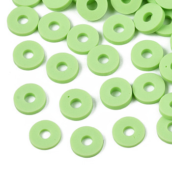 Handmade Polymer Clay Beads, Disc/Flat Round, Heishi Beads, Light Green, 6x1mm, Hole: 2mm, about 23500pcs/1000g
