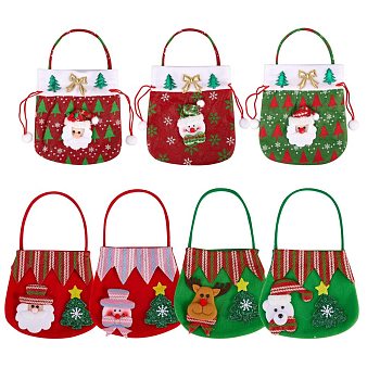 7Pcs 7 Style Christmas Non-woven Fabrics Candy Bags Decorations, with Handle, for Christmas Party Snack Gift Ornaments, Mixed Color, 1pcs/style