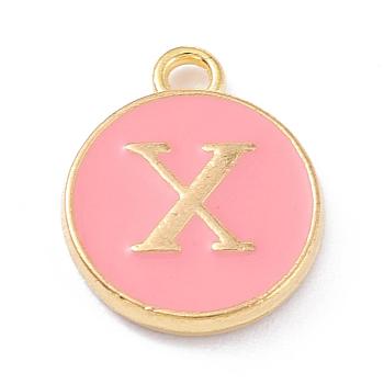 Golden Plated Alloy Enamel Charms, Enamelled Sequins, Flat Round with Alphabet, Letter.X, Pink, 14x12x2mm, Hole: 1.5mm