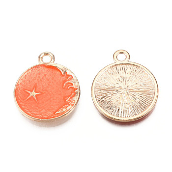 Alloy Enamel Pendants, Cadmium Free & Lead Free, Flat Round with Moon and Star, Golden, Coral, 27x23x2mm, Hole: 3mm