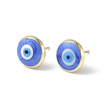 Enamel Evil Eye Stud Earrings, Real 18K Gold Plated Brass Jewelry for Women, Royal Blue, 12mm, Pin: 0.8mm