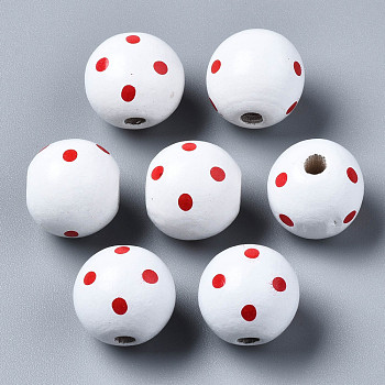 Painted Natural Wood European Beads, Large Hole Beads, Printed, Round with Dot, White, 16x15mm, Hole: 4mm