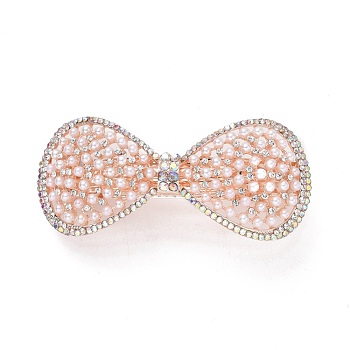 Alloy Rhinestone Hair Barrettes, with Imitation Pearl Beads, Bowknot, Crystal AB, Rose Gold, 35x80x25mm