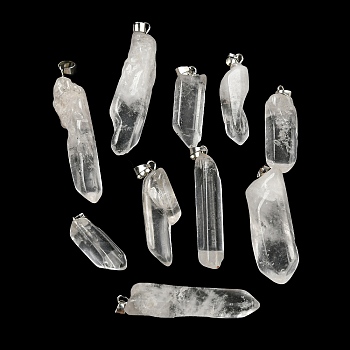 Natural Quartz Crystal Pendants, Rock Crystal, Bullet Charms with Stainless Steel Color Tone 201 Stainless Steel Snap on Bails, 24~48x10~14x8~10mm, Hole: 4.5x5mm
