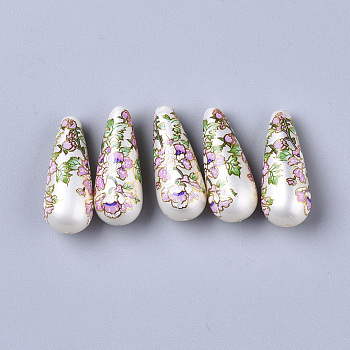 Printed Resin Beads, Imitation Pearl, teardrop, with Flower Pattern, Pink, 32x13mm, Hole: 1.5mm