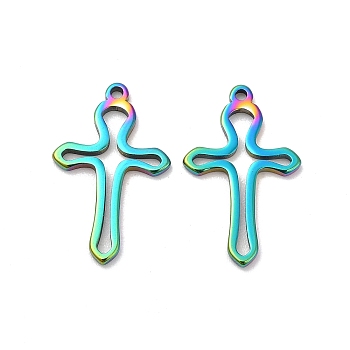 304 Stainless Steel Pendants, Hollow, Cross Charm, Rainbow Color, 17x10.5x1mm, Hole: 1mm