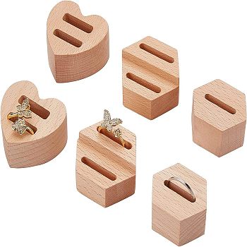 6Ppcs 3 Styles Wood Finger Ring Display Stands, Hexagon & Heart, Mixed Color, 2.15~3.55x3.75~4.2x2cm, 2pcs/style