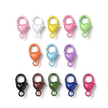 Spray Painted Alloy Lobster Claw Clasps, Oval with Heart Pattern, Mixed Color, 17x9x4mm, Hole: 2.5mm, inner diameter: 5mm