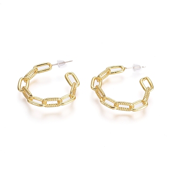 Semicircular Brass Textured Cable Chain Stud Earrings, Half Hoop Earrings, with 925 Sterling Silver Pins and Plastic Ear Nuts, Long-Lasting Plated, Golden, 30.5x5.5mm, Pin: 0.7mm