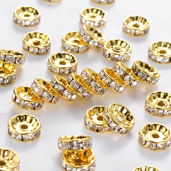Brass Rhinestone Spacer Beads, Grade A, Straight Flange, Golden Metal Color, Rondelle, Crystal, 10x4mm, Hole: 2mm