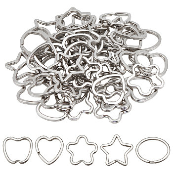 50Pcs 5 Styles Alloy & Iron Split Key Rings, Double Loops Jump Rings, Flower & Oval & Heart, Mixed Shapes, Platinum, 31~37x29~34x3~4mm, 10pcs/style