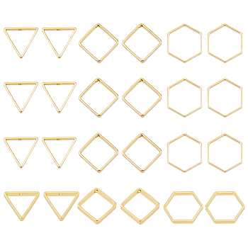 24Pcs 3 Style Brass Linking Ring, Hexagon & Rhombus & Triangle, Real 18K Gold Plated, 15~20x17~20x3~4mm, 8pcs/style