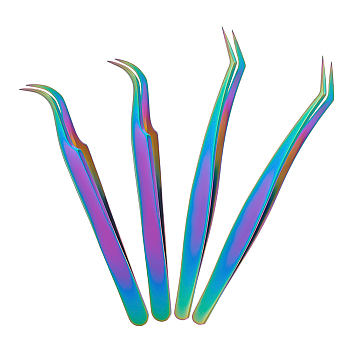 4Pcs 2 Style 430 Stainless Steel Eyelash Tweezers Clips, Makeup Tools, Rainbow Color, 116~131x9mm, 2pcs/style