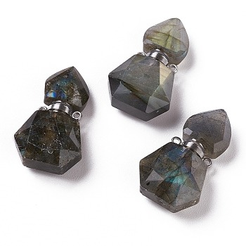Hexagon Natural Labradorite Perfume Bottle Pendants, with 304 Stainless Steel Findings, Faceted, Stainless Steel Color, 27~27.5x16~17x8mm, Hole: 1.4mm, Capacity: 0.1ml(0.00fl. oz)