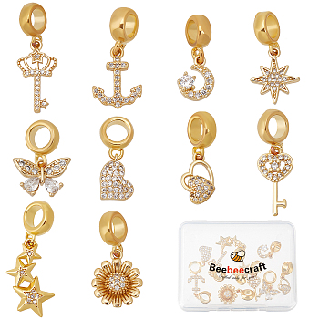 10Pcs 10 Style Brass Micro Pave Clear Cubic Zirconia European Dangle Charms, Largr Hole Pendants, Long-Lasting Plated, Mixed Shapes, Real 18K Gold Plated, 20~27mm, Hole: 5mm, 1pc/style