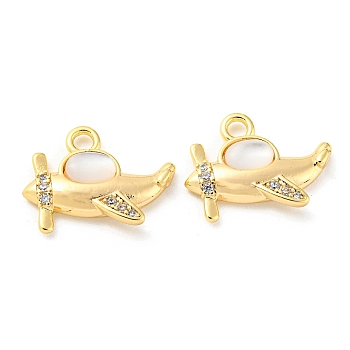 Brass Micro Pave Cubic Zirconia with Shell Pendants, Aeroplane, Real 18K Gold Plated, 13x17x3.5mm, Hole: 2mm