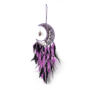 Natural Amethyst Chips Beaded Moon with Feather Pendant Decorations, for Garden Home Ornament, Purple, 730mm