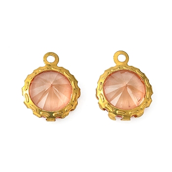 Brass Resin Rhinestone Pendants, Faceted, Flat Round, Golden Metal Color, PeachPuff, 13x11x6mm, Hole: 1mm